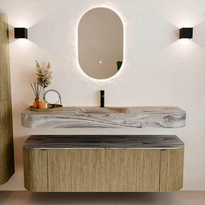 MONDIAZ THOR-DLUX 150cm meuble de salle de bains arrondi gauche + droite couleur Dusk avec 1 tiroir et 2 portes. Vasque suspendue CLOUD Milieu 1 trou de robinet couleur Sombra.