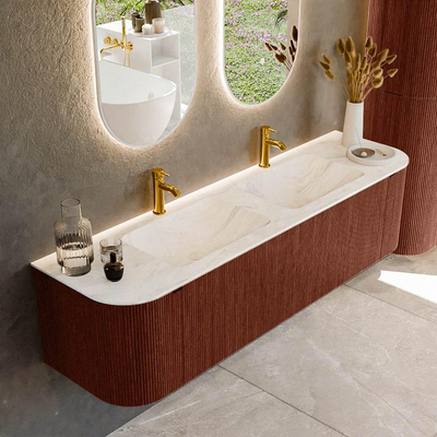 Mondiaz KURVE-DLUX Badkamermeubelset - 170x46x40cm - 1 lade - 2 deuren - wastafel solid surface - dubbel - 2 kraangaten - Ruby