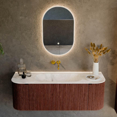 Mondiaz KURVE-DLUX Badkamermeubelset - 130x46x40cm - 1 lade - 2 deuren - wastafel solid surface - midden - zonder kraangat - Ruby