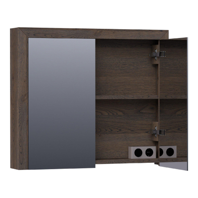 BRAUER Massief eiken Spiegelkast - 80x70x15cm - 2 links/rechtsdraaiende spiegeldeuren - Hout black oak