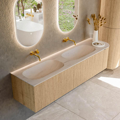 MONDIAZ KURVE-DLUX meuble de salle de bains 175cm arrondi droit couleur chêne avec 2 tiroirs et 1 porte. Lavabo STOR SMALL Double / Gauche sans trou de robinet Meli.