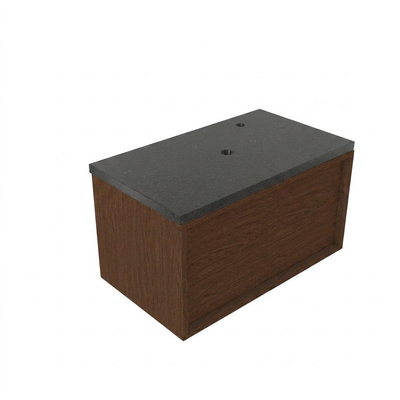 Saniclass Holz Frame Ensemble de meubles de salle de bains - 80x45x43cm - Plan vasque en basalte Noche poli (noir) - 1 trou de robinet - 1 tiroir - walnut pure mat (bois)