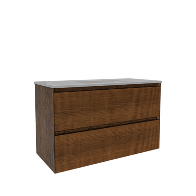 Saniclass Holz Atelier Meuble de salle de bain - 100x45x60cm - lavabo en céramique blanc - 1 vasque - sans trous de robinet - 2 tiroirs - Walnut pure