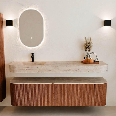 MONDIAZ THOR-DLUX 170cm meuble de salle de bains arrondi gauche + droite couleur Ruby avec 1 tiroir et 2 portes. Vasque suspendue CLOUD Gauche 1 trou de robinet couleur Saba.