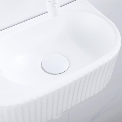 QeramiQ Fuente Ensemble de Lavabo - 40x21.5x12cm - strié - demi-rond - céramique - ensemble de robinet blanc mat - bouchon de vidange - siphon abaissé - blanc mat