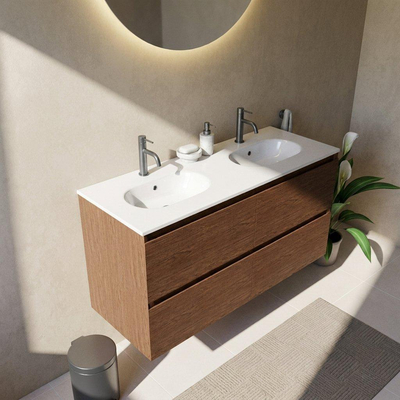 Saniclass Holz Pure Ensemble de meuble de salle de bains - 120x45x74cm - Vasque Chaci en céramique blanche - 2 vasques - 2 trous de robinetterie - 4 tiroirs - walnut pure mat (bois)