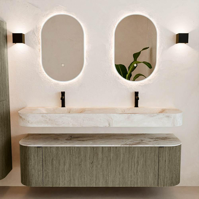 MONDIAZ THOR-DLUX 160cm meuble de salle de bains arrondi gauche + droite couleur Shadow avec 1 tiroir et 2 portes. Vasque suspendue CLOUD Double 2 trous de robinet couleur Frappe.