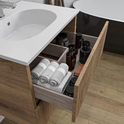 Saniclass Chaci Ensemble meuble de salle de bains - 100x46x55cm - lavabo en céramique blanc - 1 vasque ovale - 1 trou de robinet - 2 tiroirs - chêne