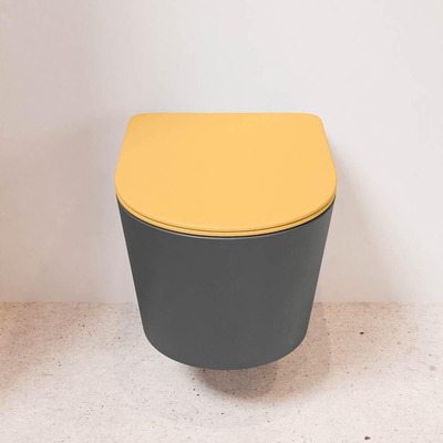 Mondiaz LAVIE hangtoilet – spoelrandloos – 36 x 53 cm – met softclose zitting – Dark grey (grijs), zitting Ocher (geel)