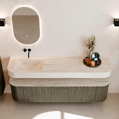 MONDIAZ THOR-DLUX 180cm meuble de salle de bains arrondi gauche + droite couleur Shadow avec 2 tiroirs et 2 portes. Vasque suspendue CLOUD Gauche sans trou de robinet couleur Meli.