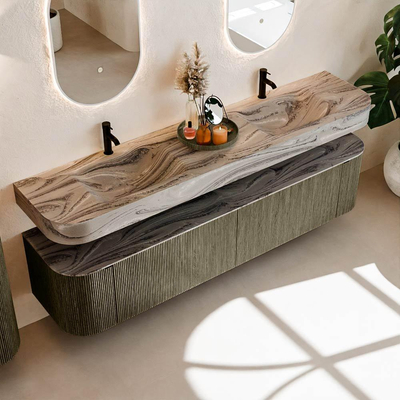 MONDIAZ THOR-DLUX 200cm meuble de salle de bains arrondi gauche + droite couleur Shadow avec 2 tiroirs et 2 portes. Vasque suspendue CLOUD Double 2 trous de robinet couleur Sombra.