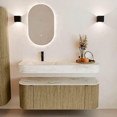 MONDIAZ THOR-DLUX 130cm meuble de salle de bains arrondi gauche + droite couleur Dusk avec 1 tiroir et 2 portes. Vasque suspendue CLOUD Gauche 1 trou de robinet couleur Ostra.