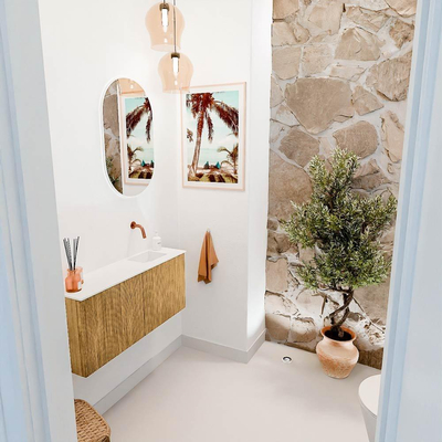 Mondiaz JOYA 90cm toiletmeubel - kleur Oak - Wastafel FAYE positie Rechts Zonder kraangat kleur Talc.