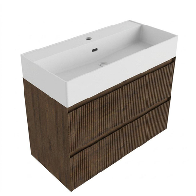 Saniclass Holz Atelier Badkamermeubelset - 100x45x72cm - Legend keramische wastafel mat wit - 1 wasbak - zonder kraangat - 2 lades - mat eiken charcoal (hout)