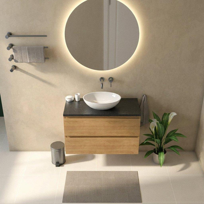 Saniclass Holz Pure Ensemble meuble de salle de bains - 100x45x63cm - plan vasque en basalte Noche poli (noir) - sans trou de robinet - 2 tiroirs - chêne natural mat (bois)