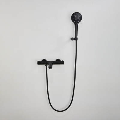 Adema Sparkle 2.0 Badset - thermostatische badkraan - handdouchehouder - ronde handdouche - metalen doucheslang - mat zwart