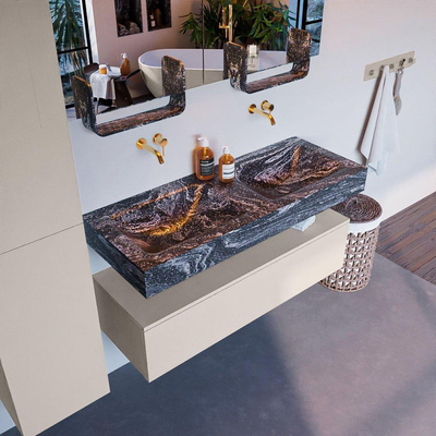 Mondiaz ALAN-DLUX Ensemble de meuble - 120cm - meuble Linen mat - 1 tiroir - Lavabo Cloud Lava suspendu - vasque gauche et droite - 0 trous de robinet