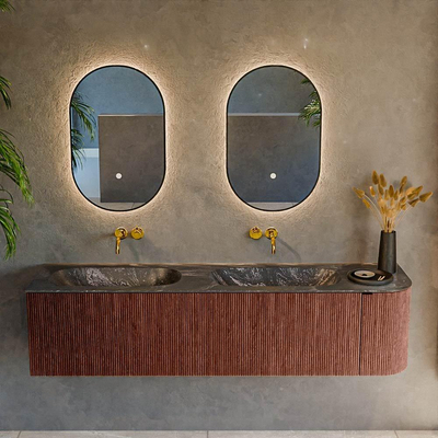 Ensemble de meuble de salle de bain Mondiaz KURVE-DLUX - 175x46x40cm - 2 tiroirs - 1 porte - lavabo en solid surface - double / gauche - sans trou de robinet - Ruby