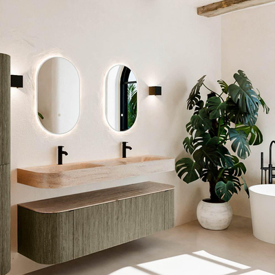 MONDIAZ THOR-DLUX 160cm meuble de salle de bains arrondi gauche + droite couleur Shadow avec 1 tiroir et 2 portes. Vasque suspendue CLOUD Double 2 trous de robinet couleur Saba.