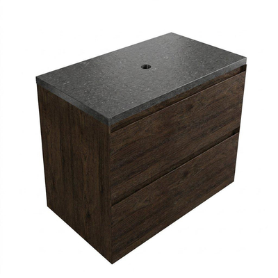 Saniclass Holz Pure Ensemble de meubles de salle de bains - 80x45x63cm - Plan vasque en basalte Noche poli (noir) - sans trou de robinetterie - 2 tiroirs - chêne charcoal mat (bois)