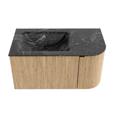 MONDIAZ KURVE-DLUX Meuble de salle de bains 85 cm avec module 25 R couleur Oak avec 1 tiroir et 1 porte. Lavabo CLOUD gauche sans trou de robinet couleur Lava.