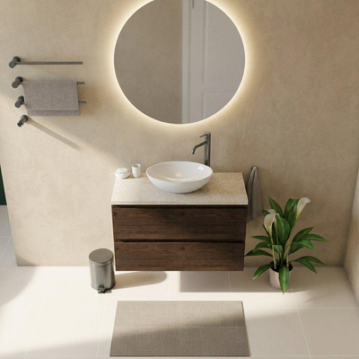 Saniclass Holz Pure Ensemble de meubles de salle de bains - 100x45x63cm - Plan de travail en pierre naturelle travertin - 1 trou de robinetterie - 2 tiroirs - chêne charcoal mat (bois)
