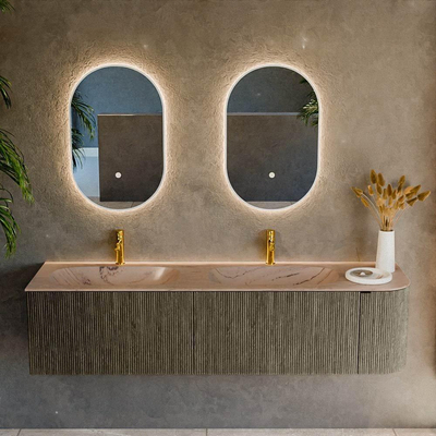 MONDIAZ KURVE-DLUX Meuble de salle de bains 175 cm arrondi à droite couleur Shadow avec 2 tiroirs et 1 porte. Vasque STOR SMALL Double / Gauche 2 trous de robinet Arena.