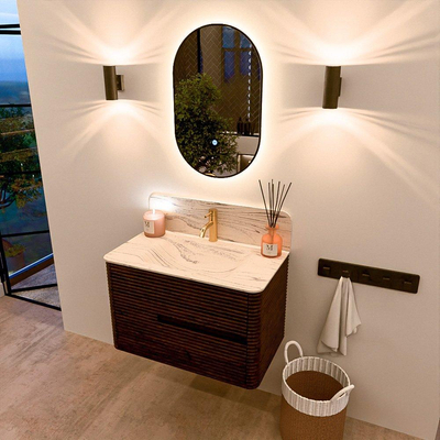 Mondiaz CIRO-DLUX Badkamermeubelset - 80x45x50cm - Solid surface wastafel Nata - 1 wasbak Midden - 1 kraangat - 2 lades - Walnut