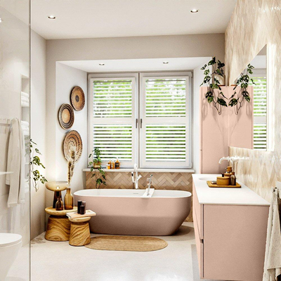 Mondiaz VICA ensemble de meuble de salle de bain - 200cm - meuble sous-vasque rosee - 4 tiroirs - lavabo moon gauche - 1 trou de robinet - version haute de 60cm - talc