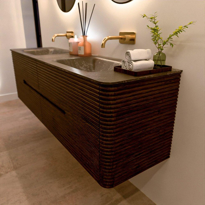 Mondiaz CIRO-DLUX Badkamermeubelset - 170x45x50cm - Solid surface wastafel Lava - 2 wasbak Dubbel - zonder kraangaten - 4 lades - Walnut