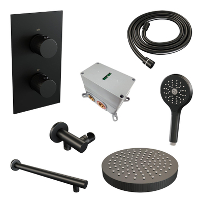 BRAUER Stripe Thermostatische Inbouw Regendouche - 3-weg - rechthoekig - SET 16 - 25cm douchekop - rechte muurarm - 3-standen handdouche - doucheslang - wandaansluitbocht - mat zwart