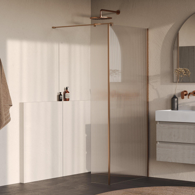 BRAUER Oblivion Inloopdouche - 100x200cm - 30cm zijwand - helder ribbel glas - glascoating - PVD - Geborsteld Koper