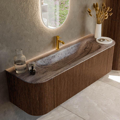 MONDIAZ KURVE-DLUX 150cm badmeubel ronding Links + Rechts kleur Walnut met 1 lade en 2 deuren. Wastafel BIG MEDIUM Midden 1 kraangat Oza.