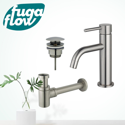 FugaFlow Eccelente Sobrado Badkamer Slim Wastafelkraanset - lage wastafelkraan - klikwaste plug - verlaagde design sifon - PVD Geborsteld RVS