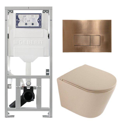 QeramiQ Dely Pack WC - 36,3x51,7cm - à fond creux - sans bride - réservoir encastré Geberit UP320 - abattant WC à fermeture douce - plaque de commande en cuivre - boutons rectangulaires - beige mat