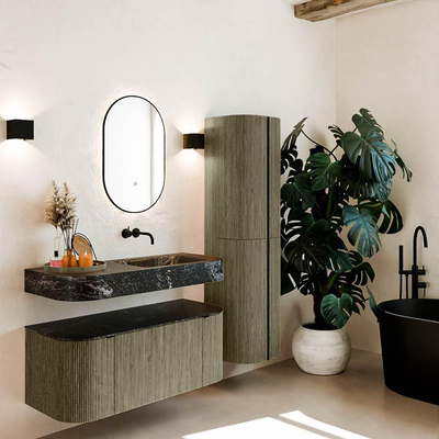 MONDIAZ THOR-DLUX 110cm meuble de salle de bains arrondi gauche + droite couleur Shadow avec 1 tiroir et 2 portes. Vasque suspendue CLOUD droite sans trou de robinet couleur Lava.