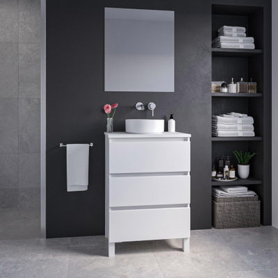 Saniclass Chaci PLUS Meuble de salle de bain - 60x86x46cm - vasque - plan de toilette - 3 tiroirs - miroir rectangulaire - blanc mat