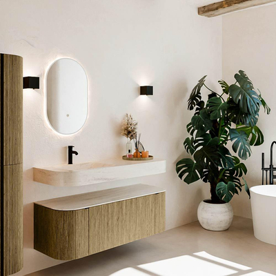 MONDIAZ THOR-DLUX Meuble de salle de bains 130cm arrondi gauche + droite couleur Dusk avec 1 tiroir et 2 portes. Vasque suspendue CLOUD Gauche 1 trou de robinet couleur Meli.