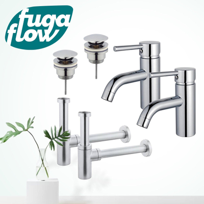 FugaFlow Eccelente Sobrado Kit robinet lavabo - pour double vasque - robinet bas - bonde clic clac - siphon design - Chrome brillant