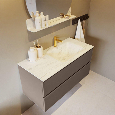 Mondiaz VICA-DLUX ensemble de meuble de salle de bain - 100cm - meuble sous-vasque fumée - 2 tiroirs - lavabo encastré nuage droite - 1 trou de robinet - version haute 60cm - opalo