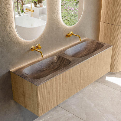 MONDIAZ KURVE-DLUX Meuble de salle de bains 140 cm couleur Oak avec 2 tiroirs et 0 porte. Lavabo STOR SMALL Double sans trou de robinet Oza.