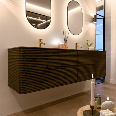 Mondiaz CIRO-DLUX Badkamermeubelset - 180x45x50cm - Solid surface wastafel Oza - 2 wasbak Dubbel - 2 kraangaten - 4 lades - Shadow