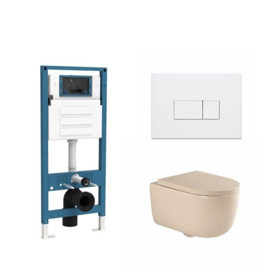 QeramiQ Dely Swirl Ensemble de toilette - réservoir encastré QeramiQ Flush - abattant 35mm - plaque de commande blanche brillante en plastique - boutons rectangulaires - beige