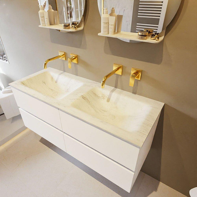 Mondiaz VICA-DLUX ensemble de meuble de salle de bain - 120cm - meuble sous lavabo talc - 4 tiroirs - lavabo encastré cloud double - sans trous de robinet - version haute de 60cm - opalo