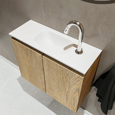 MONDIAZ TURE Kit lave-mains - 60x23x50cm - 1 trou de robinet - 2 portes - chêne blanchi mat - Lavabo centré - Solid Surface Blanc