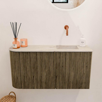 Mondiaz JOYA-DLUX 81.6cm toiletmeubel - ronding links kleur Dusk - Wastafel FAYE positie Rechts Zonder kraangat kleur Frappe.
