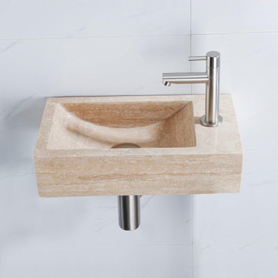 FugaFlow Eccelente Pietra Ensemble de fontaine - 40x22x10cm - trou de robinet à droite - robinet de fontaine en acier inoxydable brossé PVD - bouchon de vidange - siphon abaissé - pierre naturelle marbrée