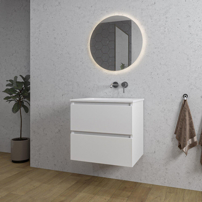 Saniclass Chaci Meuble de salle de bain - 60x46x55cm - lavabo en céramique blanc - 1 vasque - sans trou de robinet - 2 tiroirs - ronde miroir avec éclairage - blanc mat