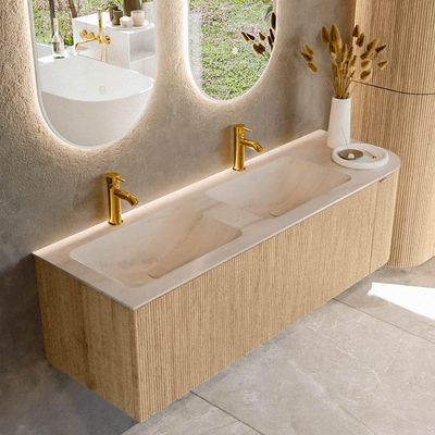 MONDIAZ KURVE-DLUX Meuble de salle de bains 145cm arrondi à droite couleur Oak avec 1 tiroir et 1 porte. Lavabo LEAF Double / Gauche 2 trous de robinet Meli.