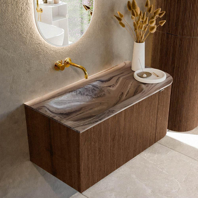 MONDIAZ KURVE-DLUX Meuble de salle de bains 95cm arrondi à droite couleur Walnut avec 1 tiroir et 1 porte. Lavabo BIG SMALL gauche sans trou de robinet Sombra.